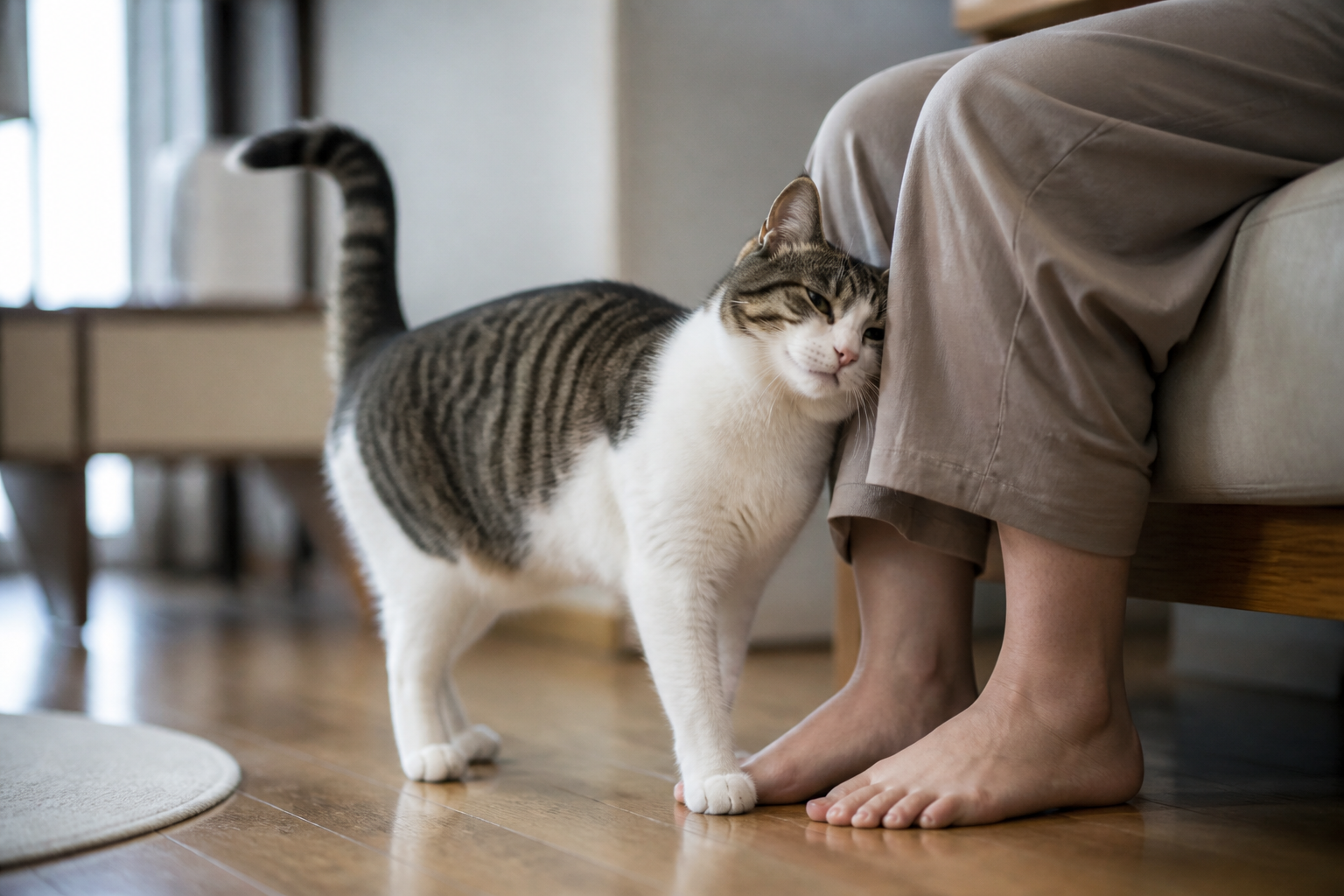 貓咪以臉頰磨蹭飼主膝邊,呈現貓咪親近與氣味溝通