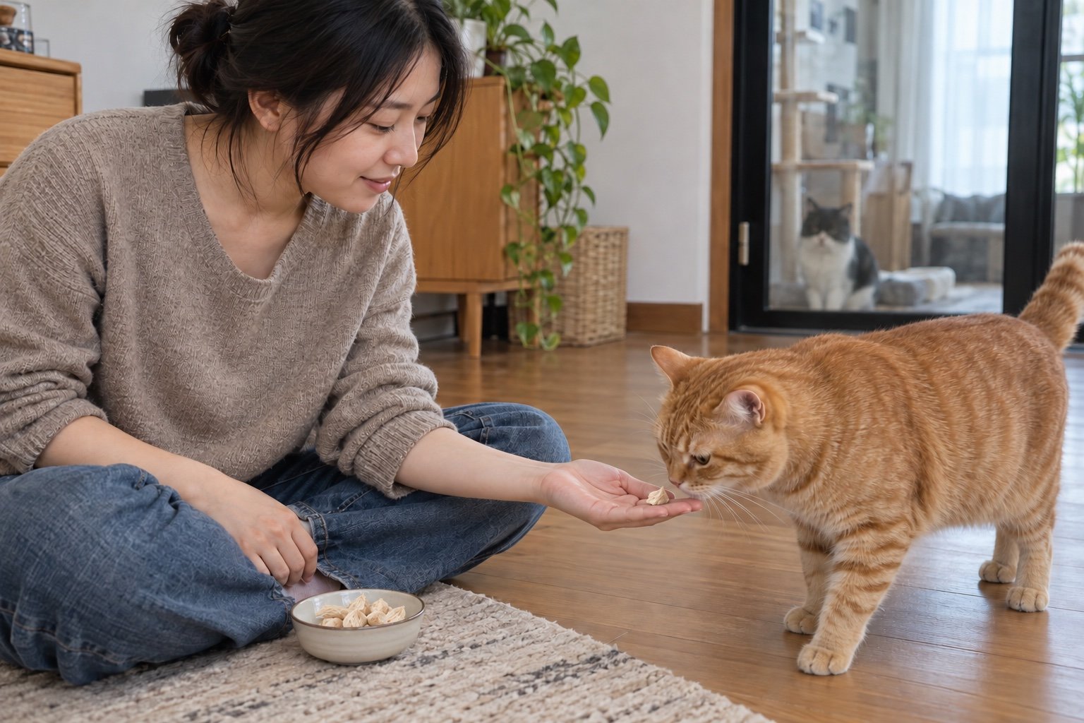 台灣飼主在原住貓舒服的距離給一小塊雞肉凍乾,新貓仍待在關好的玻璃門後