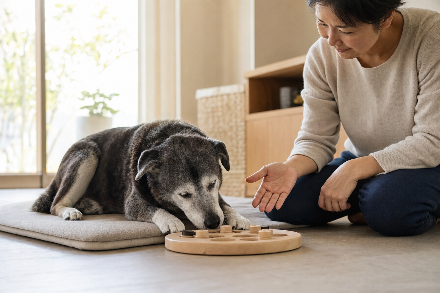 熟齡犬在軟墊上進行低難度益智嗅聞遊戲，飼主溫和陪伴