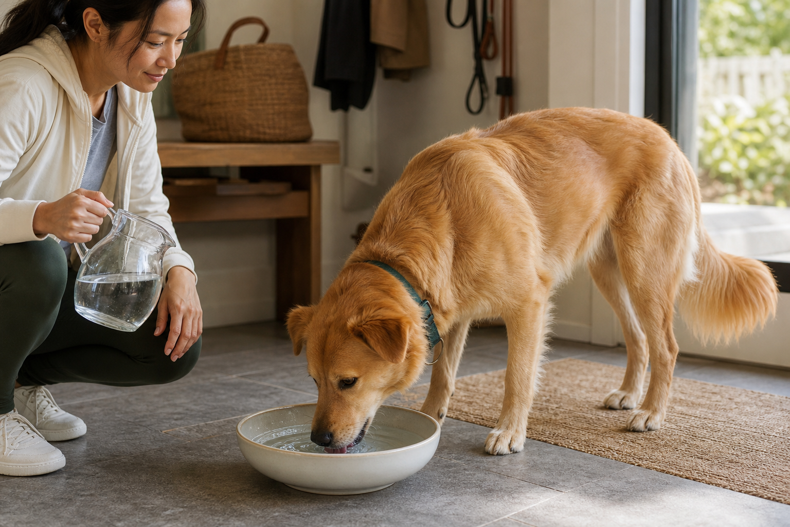 狗狗從寬口水碗少量喝水,飼主在旁觀察飲水狀況