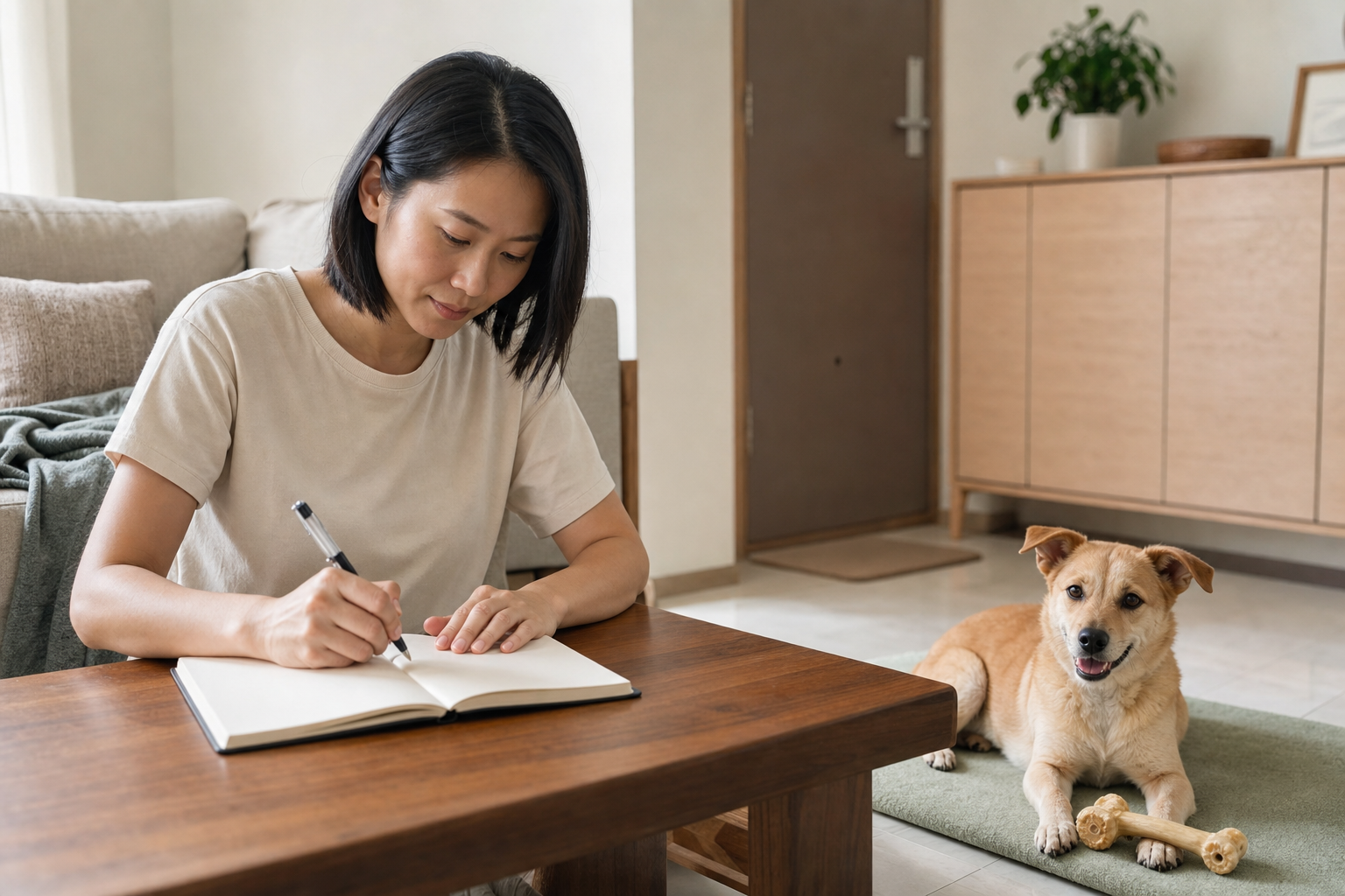 飼主記錄狗狗亂咬發生時間與情境,狗狗在旁使用安全玩具休息