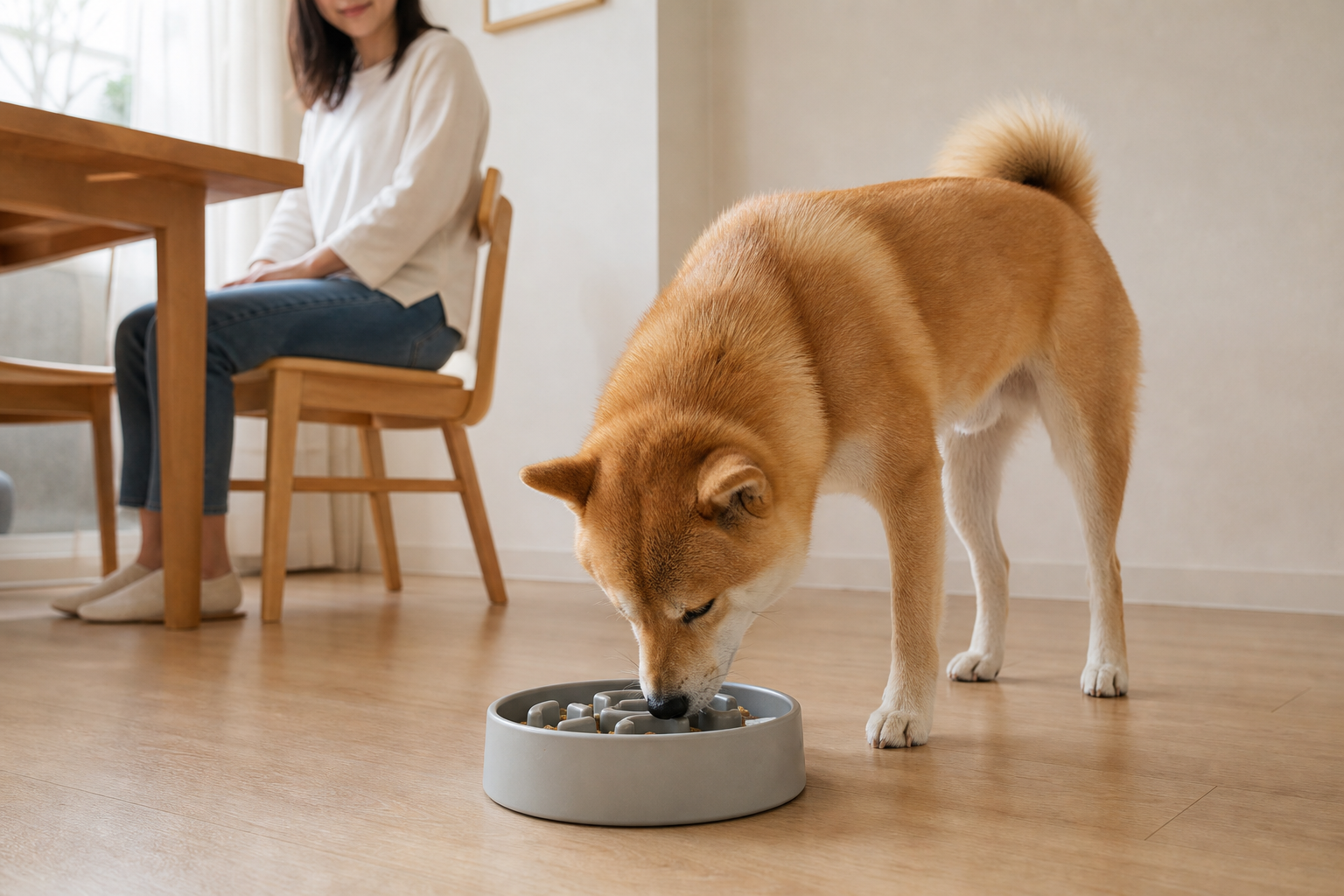 狗狗慢食碗怎麼挑:柴犬在安靜環境中慢食,降低狼吞虎嚥