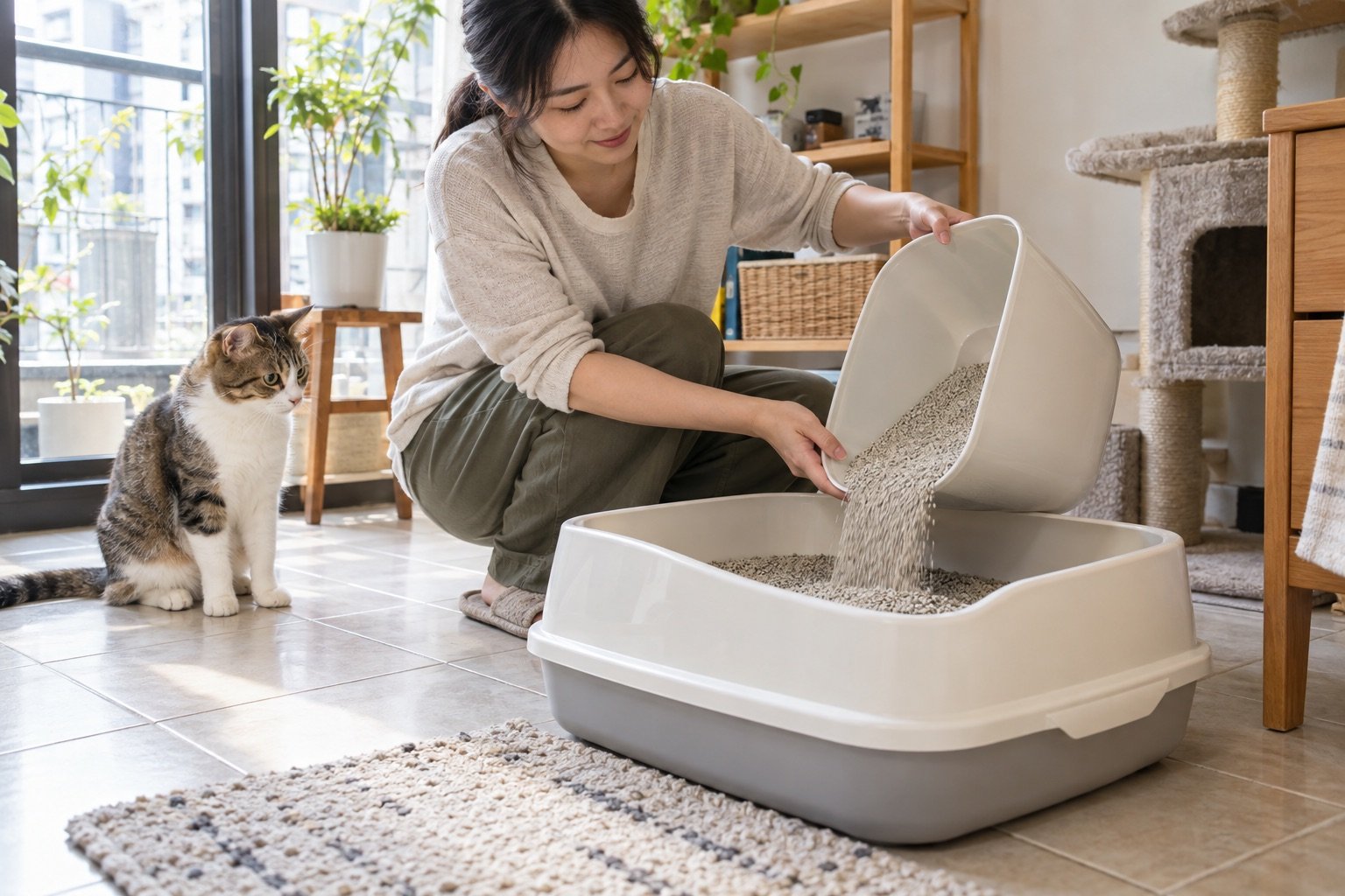 台灣居家環境中,飼主為貓咪準備低粉塵無香味貓砂