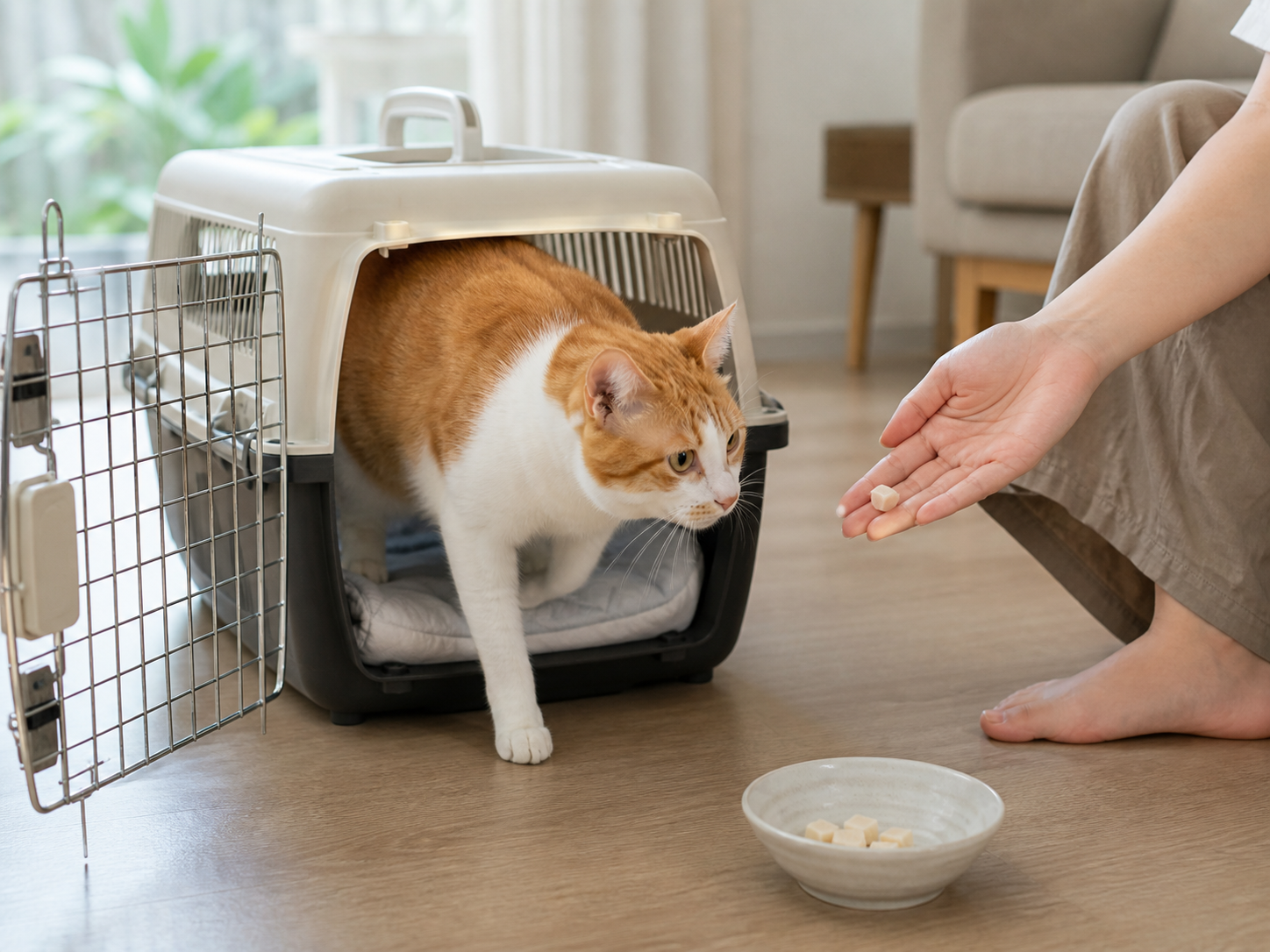 貓咪自願走出旅行提籠,飼主以小丁凍乾進行正向獎勵