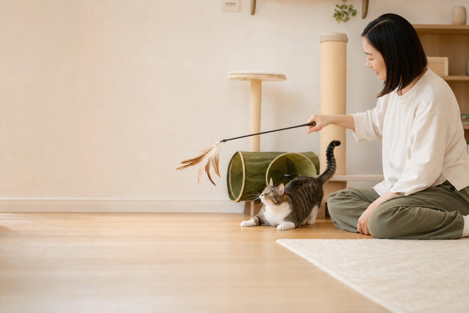 室內貓環境豐富化|飼主以逗貓棒陪貓咪互動遊戲