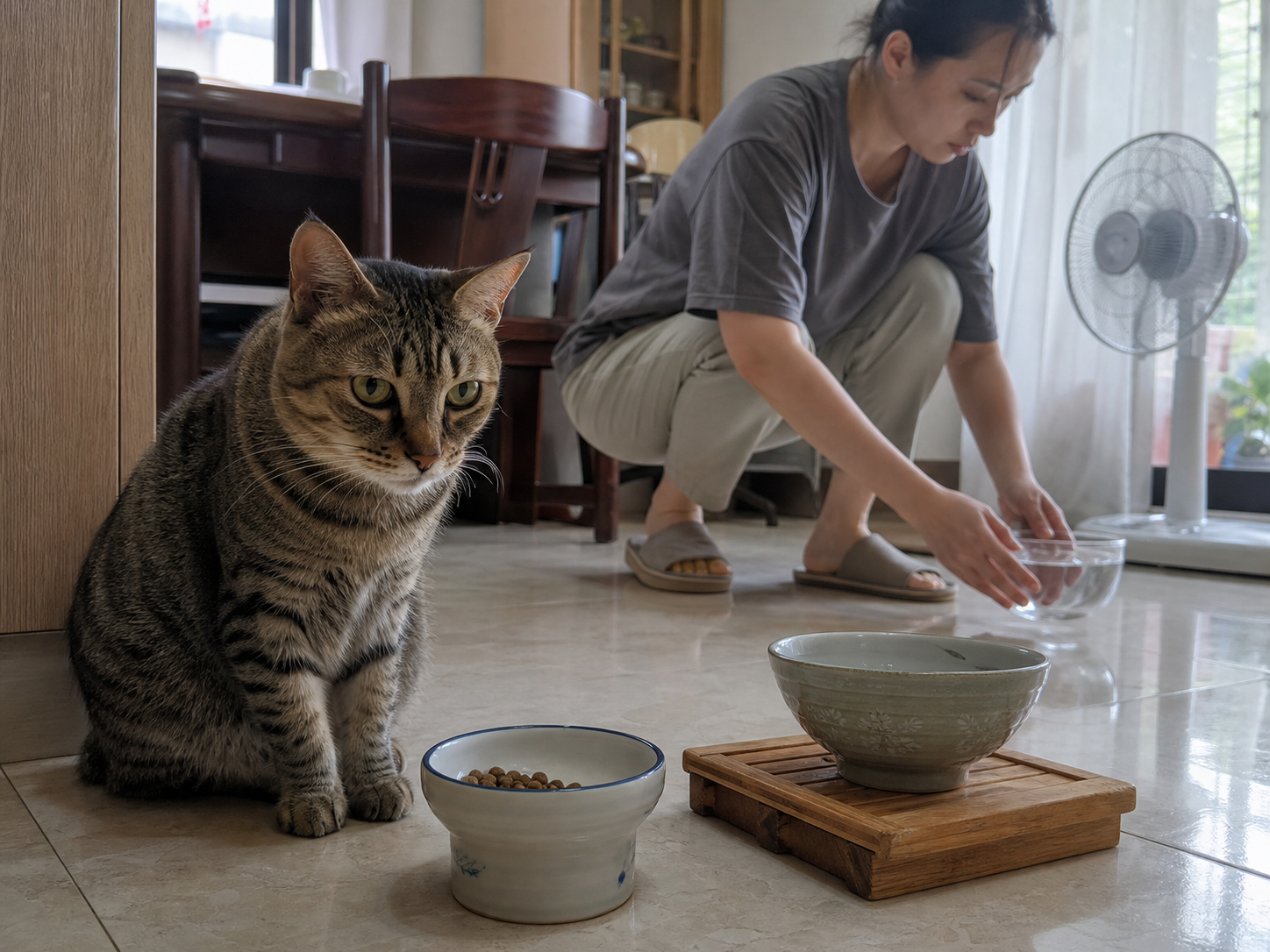 夏天室內,飼主替貓咪準備乾淨飲水與安靜用餐空間