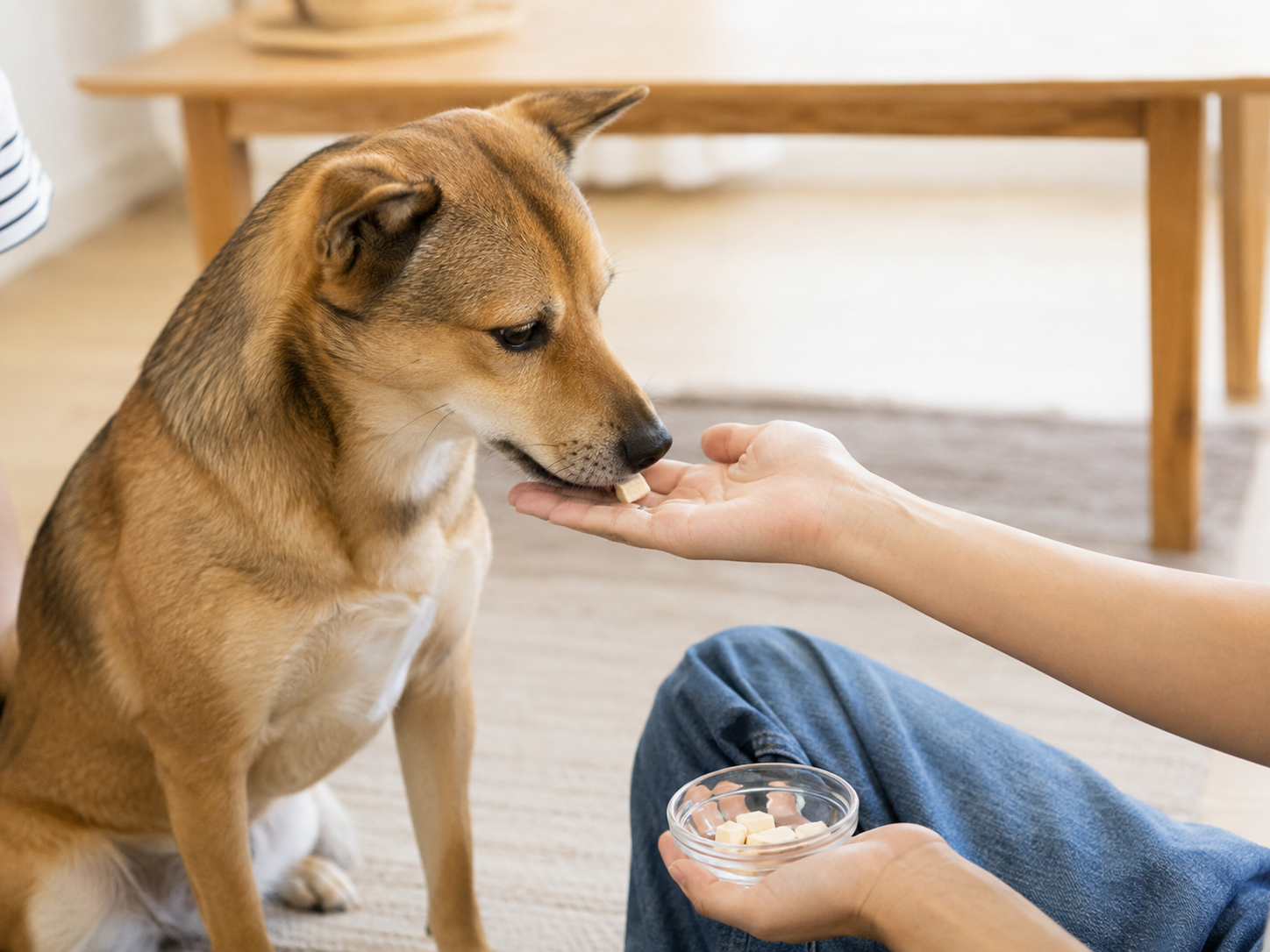 飼主側身給狗狗空間，狗狗轉開視線表現出壓力訊號