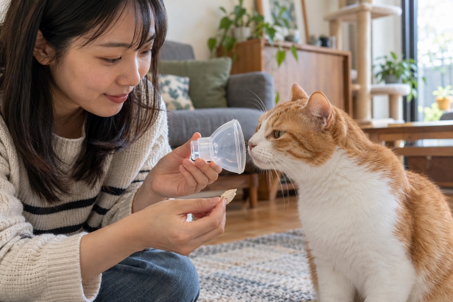 貓咪呼吸平穩時,亞洲飼主循序讓牠熟悉吸入面罩