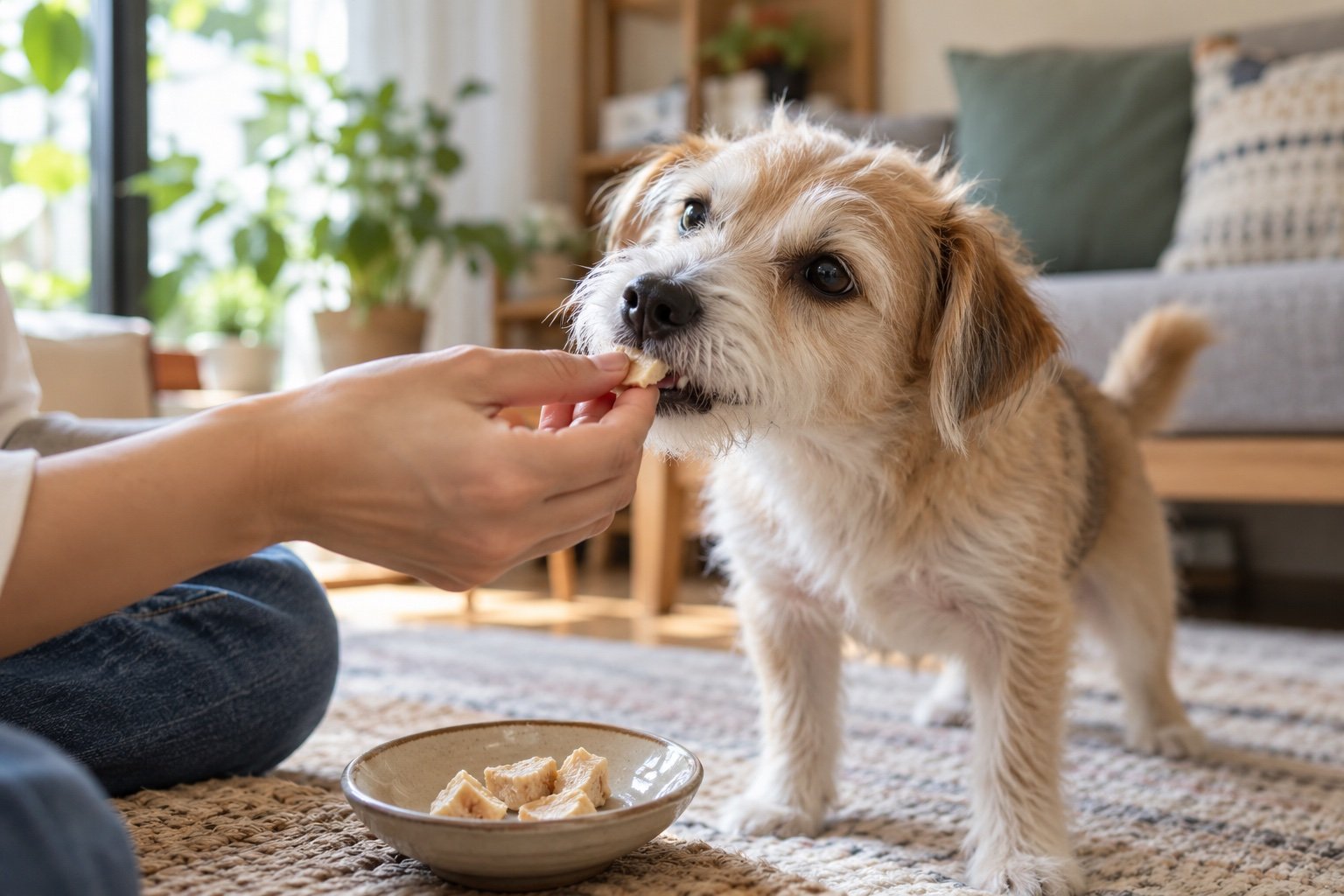 狗狗在平靜的白天自願接受飼主給的一小口雞肉凍乾作為日常互動獎勵
