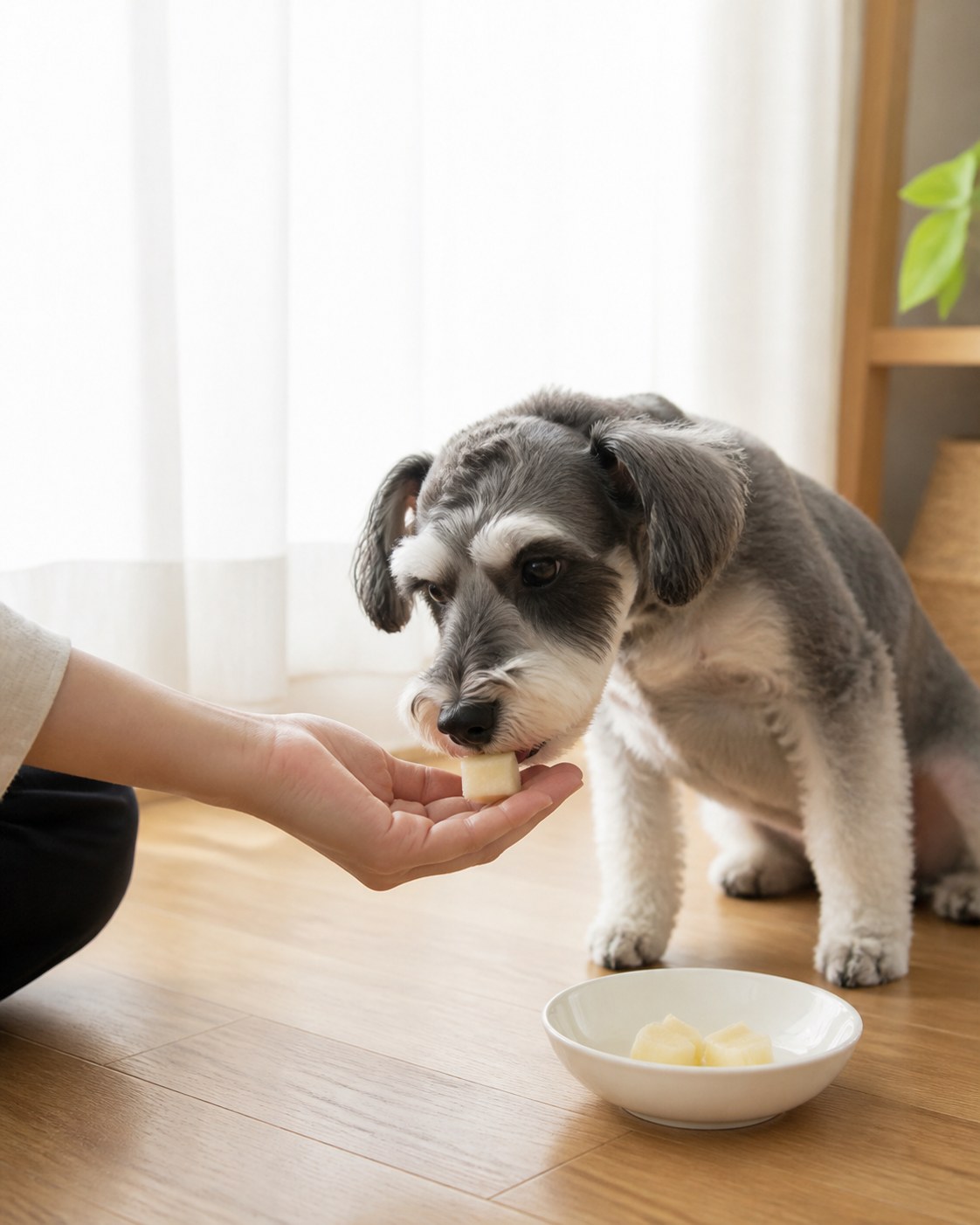 飼主以手餵方式提供狗狗一小塊原味蘋果