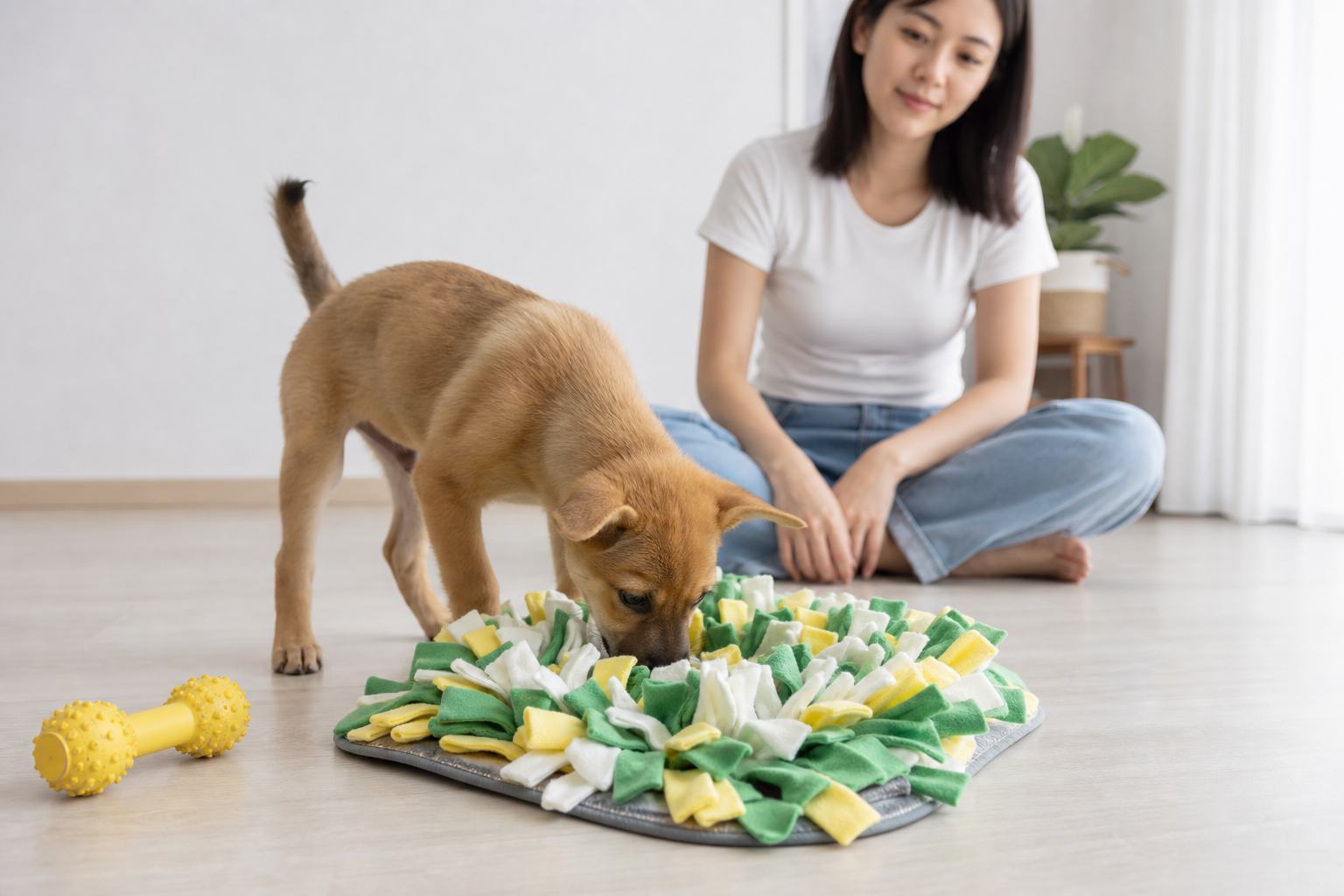 幼犬在家使用嗅聞墊探索，飼主在旁安全陪伴