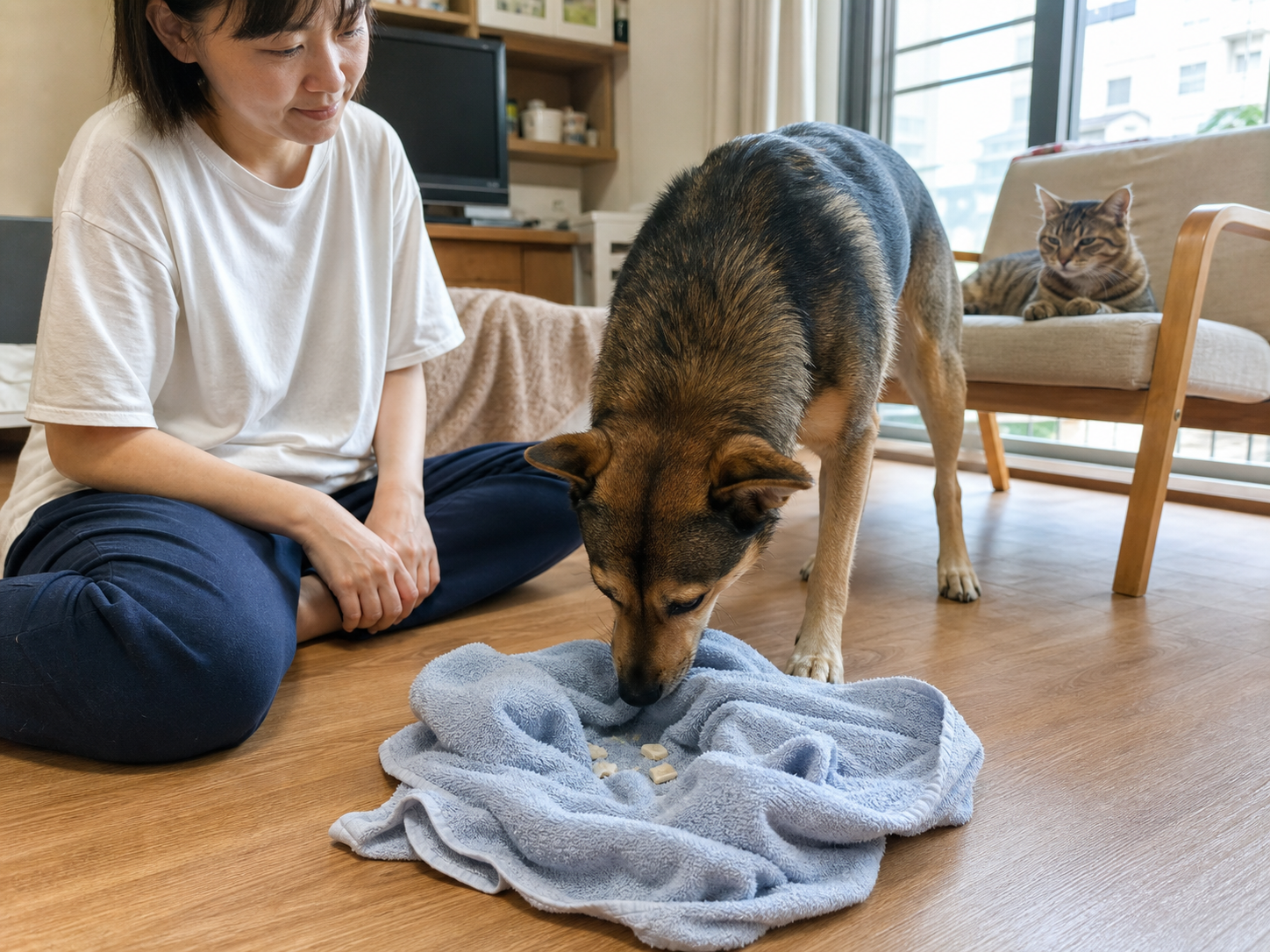 狗狗在室內進行低刺激嗅聞遊戲,飼主以少量零食作日常獎勵