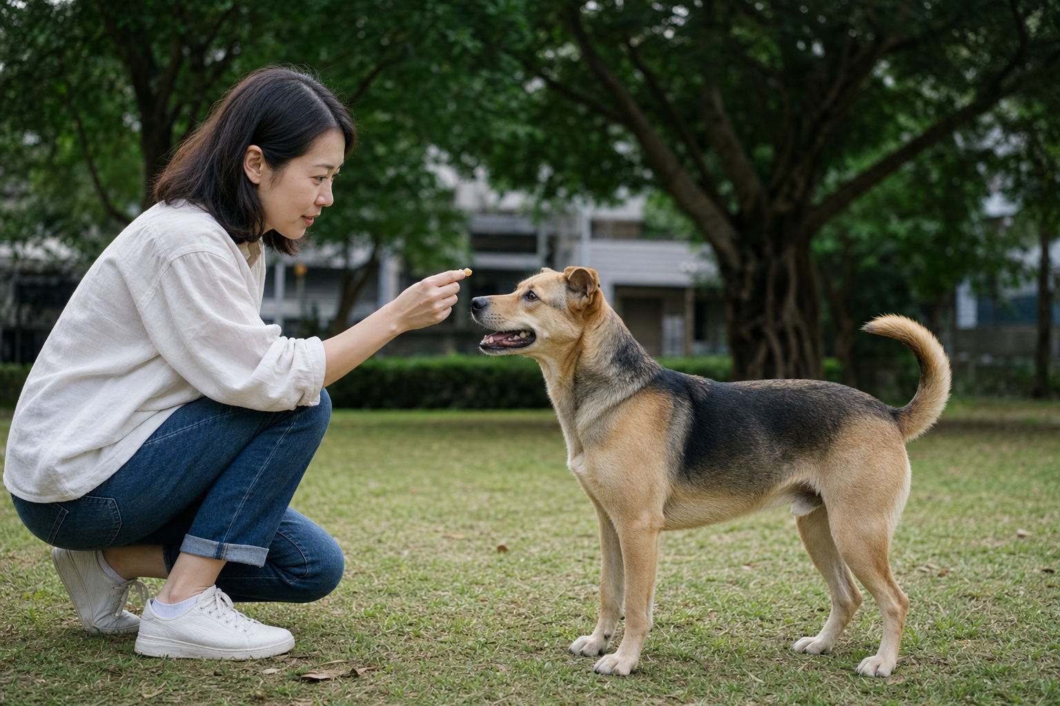 成犬在公園進行低衝擊互動訓練，飼主以小份獎勵鼓勵