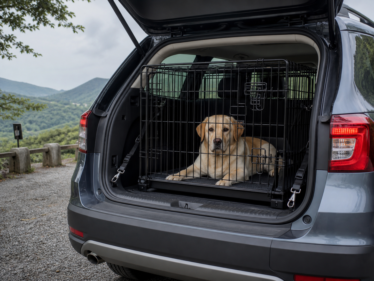 大型犬在 SUV 後車廂使用固定式旅行提籠與防滑墊