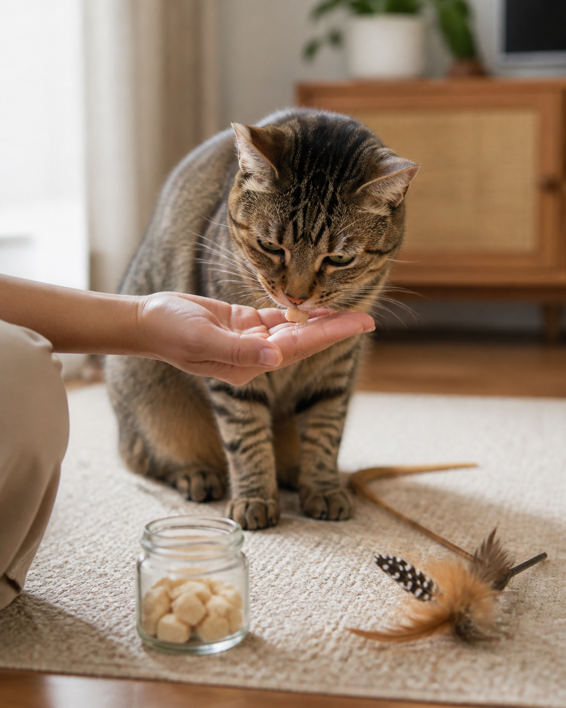 貓咪在居家互動時從飼主手中享用小丁凍乾,旁有逗貓玩具