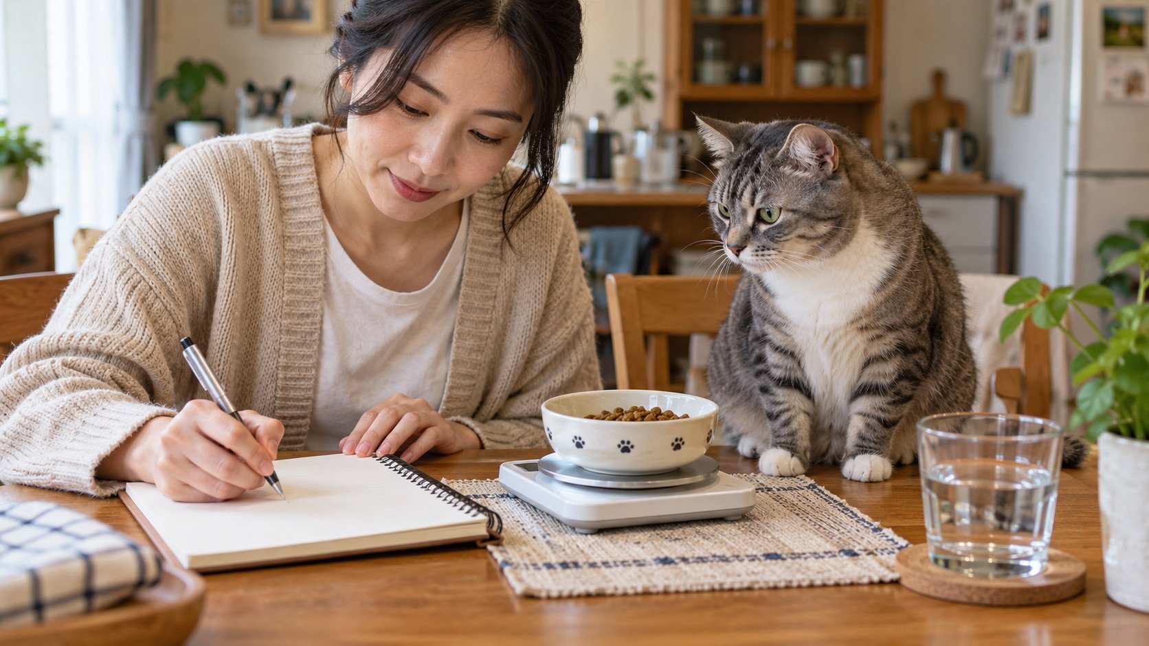 飼主在筆記本記錄貓咪主食攝取量，旁邊有食碗與小型電子秤