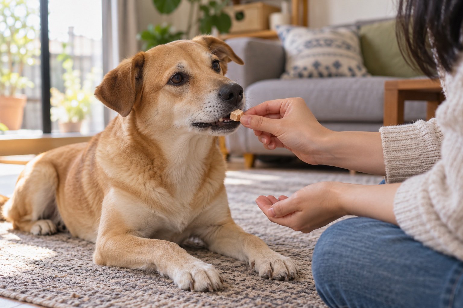狗狗放鬆地接受飼主給的一小塊雞肉零食