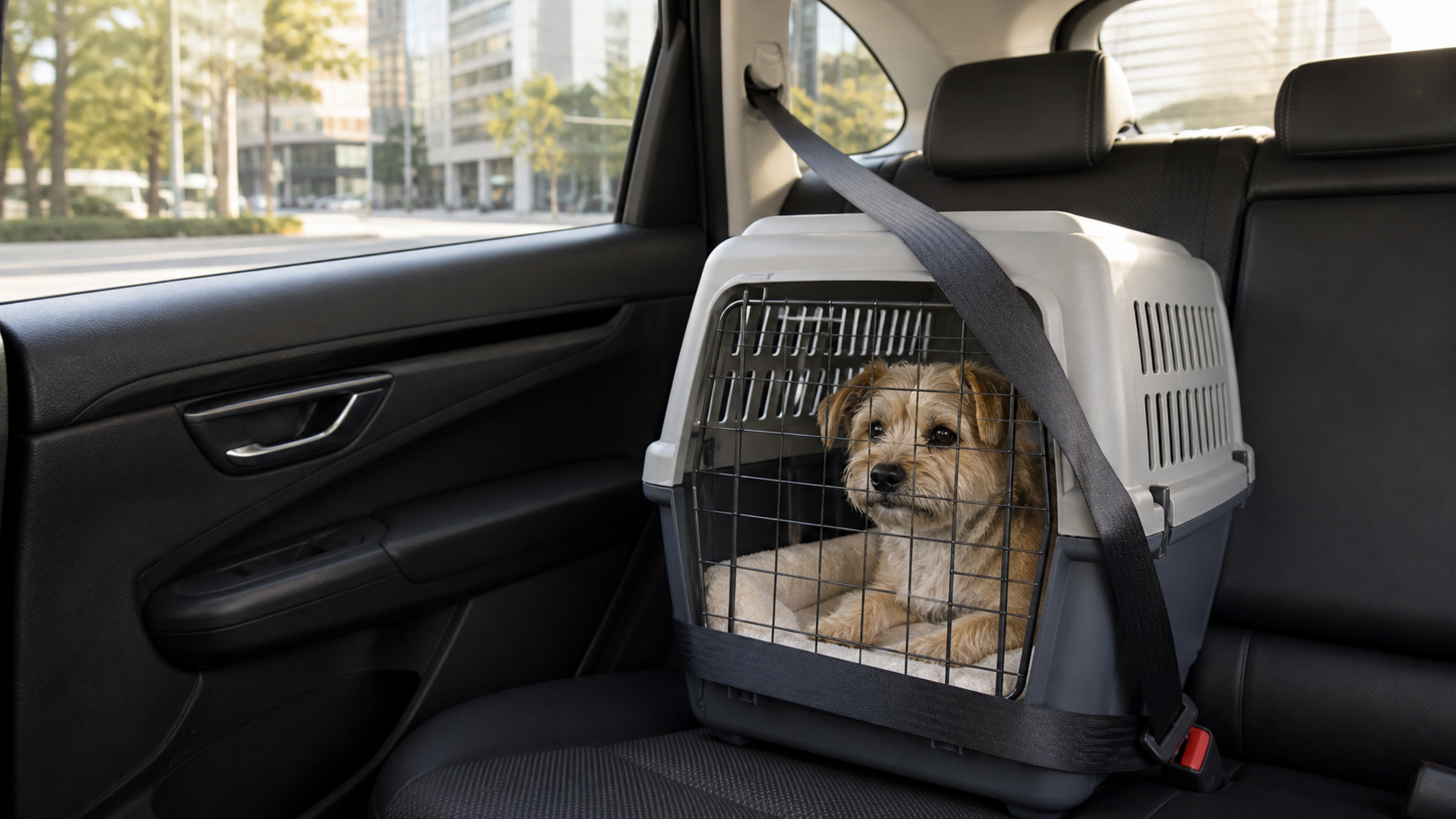 小型犬在車輛後座使用安全帶固定的通風旅行提籠