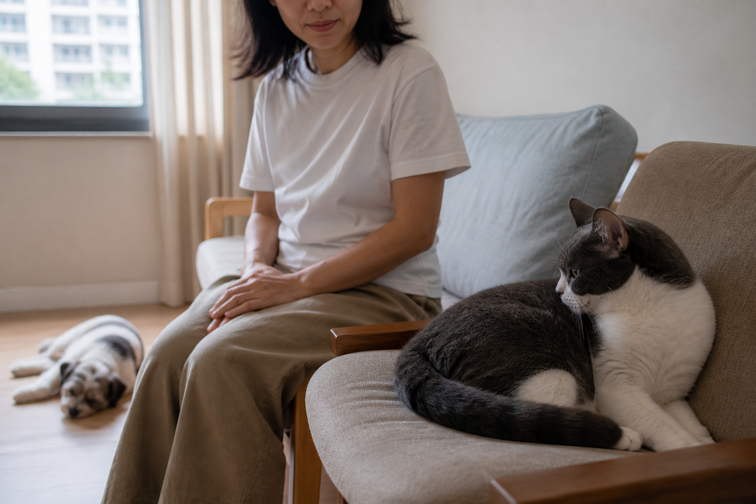 飼主安靜坐在一旁,尊重貓咪休息與主動靠近的互動界線