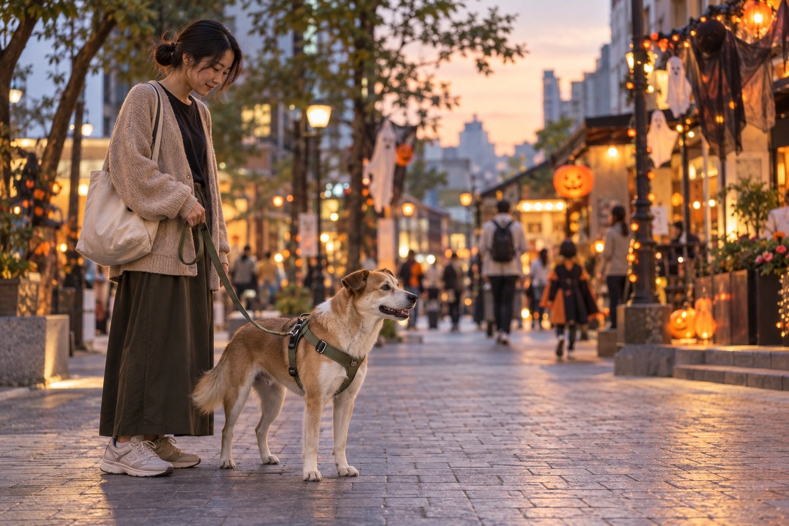 萬聖節傍晚,飼主和狗狗在遊行外圍保持距離、觀察環境