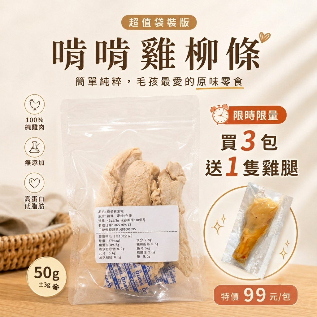 【買3送1】啃啃雞柳條｜低脂高蛋白｜體控毛孩也能快樂享用 (每袋50g/3袋組） - 天然寵物零食