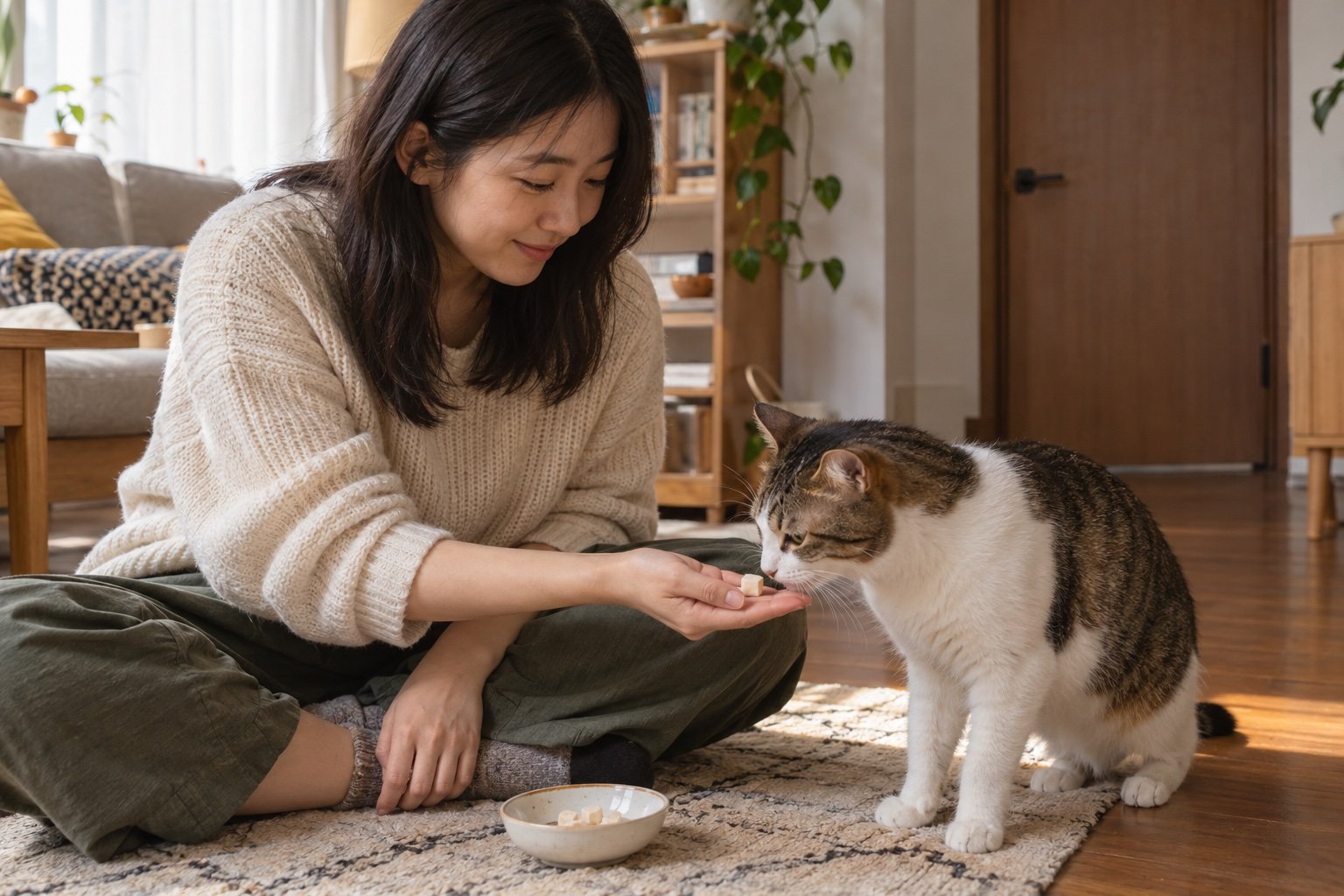 飼主在另一間房給留守貓少量雞肉凍乾，兩隻貓仍分開休息