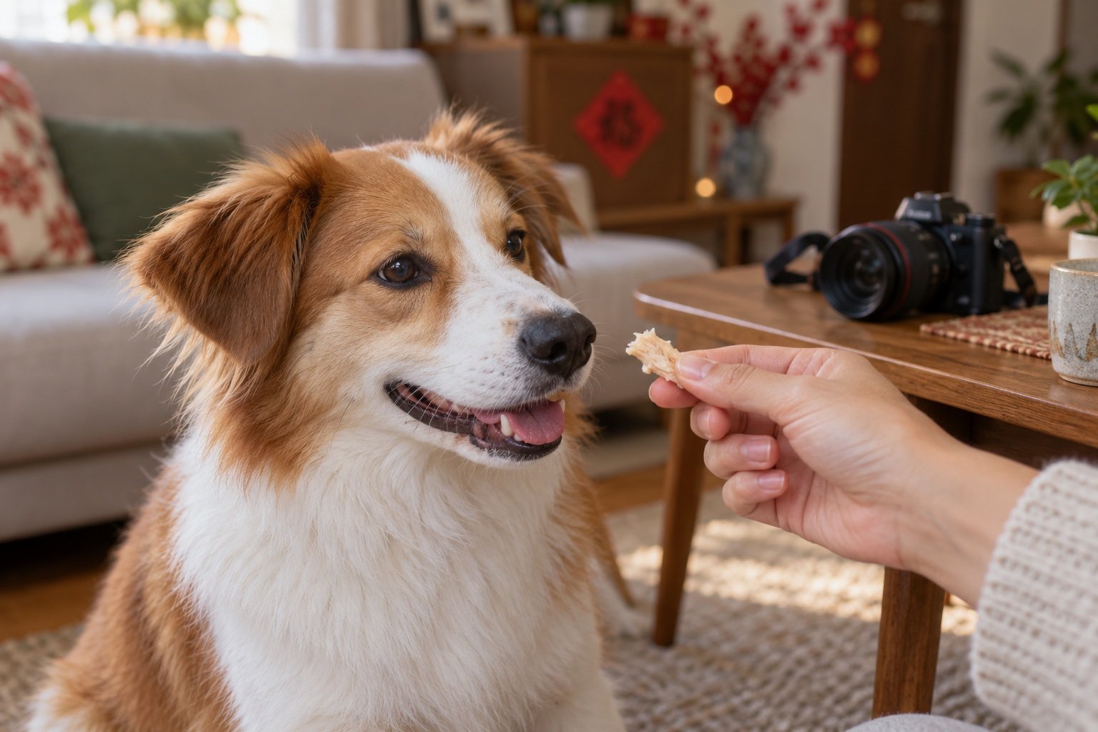 狗狗拍攝結束後的小獎勵:飼主給放鬆的狗狗一小口雞肉零食