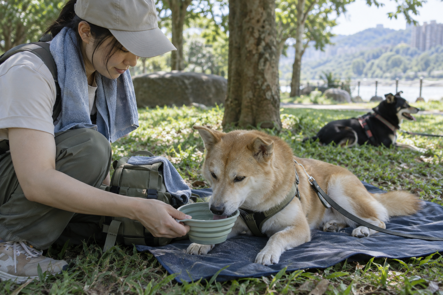 狗狗出遊時由飼主在樹蔭下陪伴補水與休息