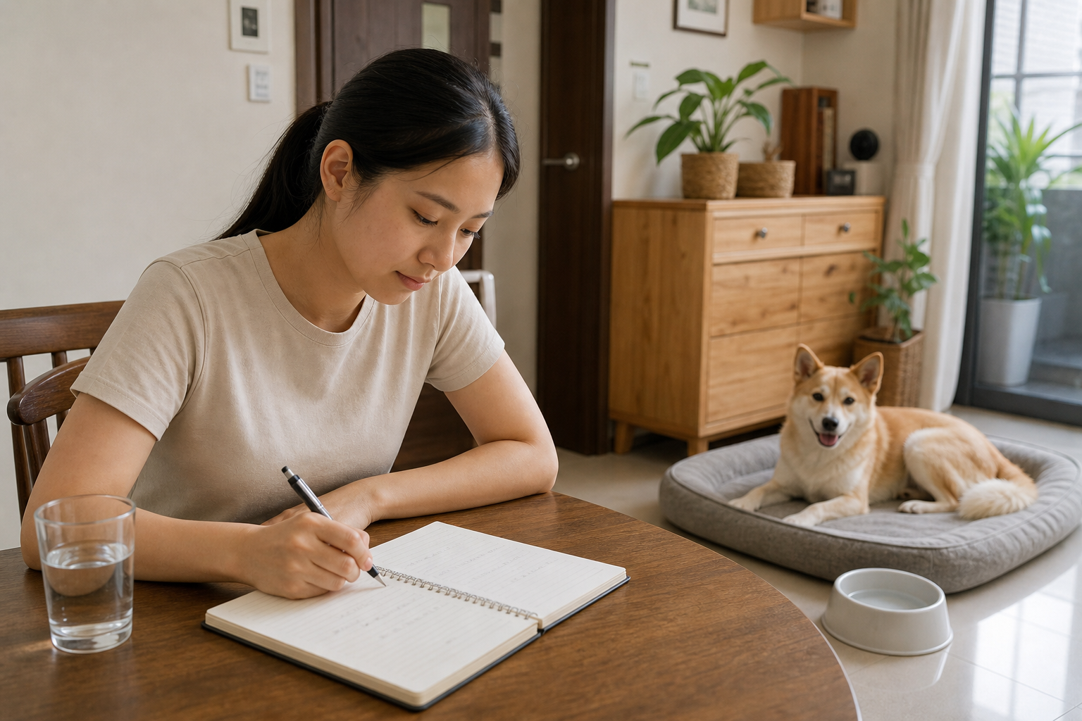飼主記錄狗狗吐透明液體的時間與狀況,狗狗在旁安靜休息