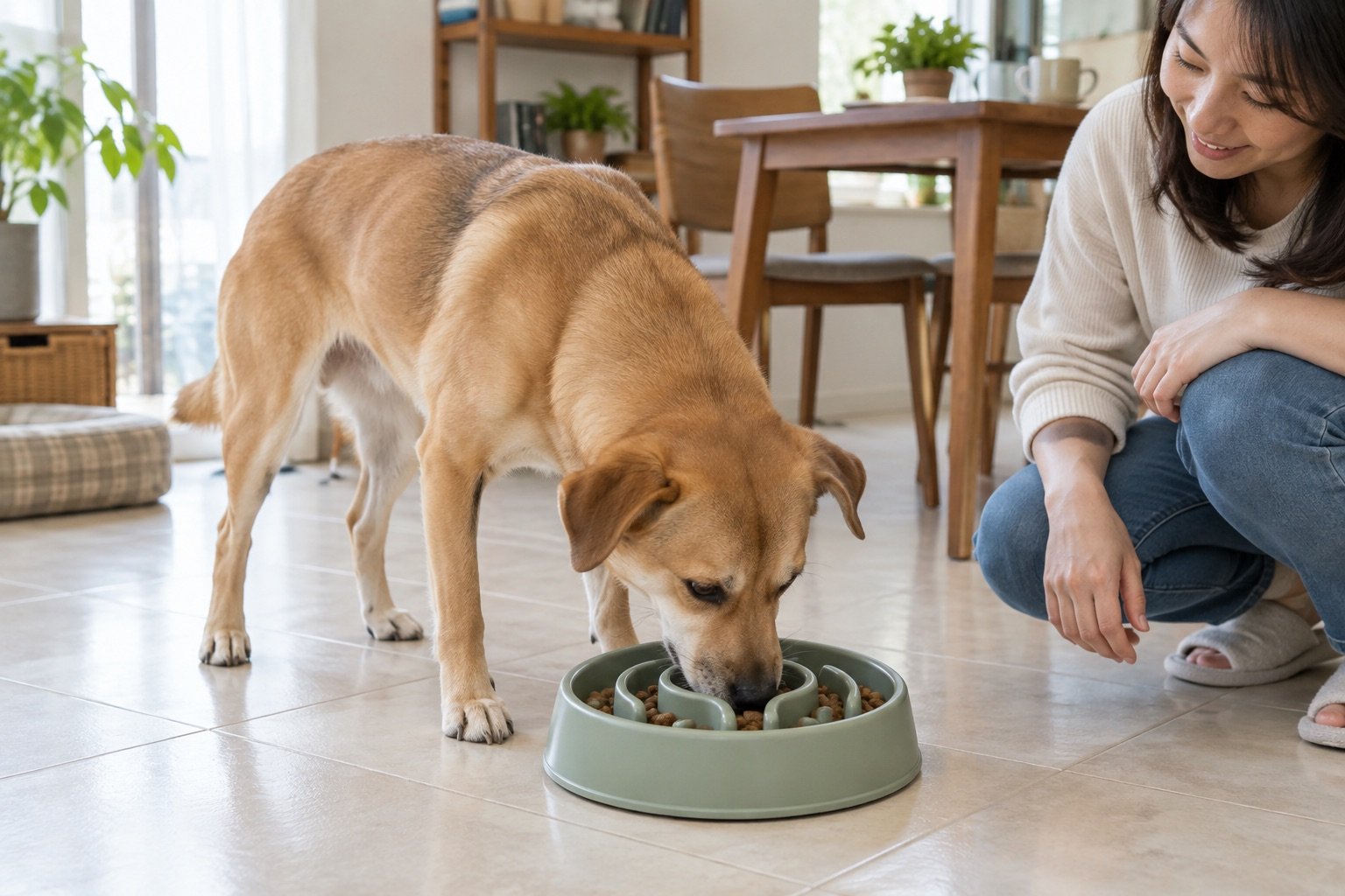 狗狗在台灣住家使用慢食碗進食,飼主在旁觀察