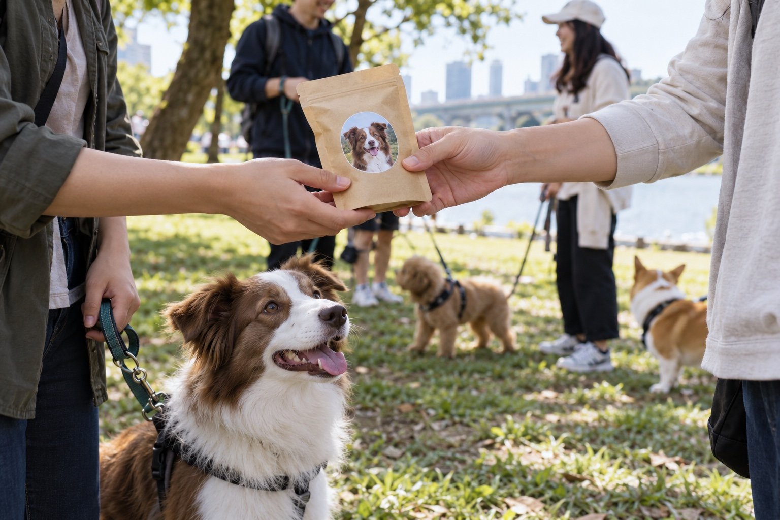 狗聚結束後將封好的毛孩照片零食包交給飼主帶回家;AI 生成情境示意,非實際商品照片