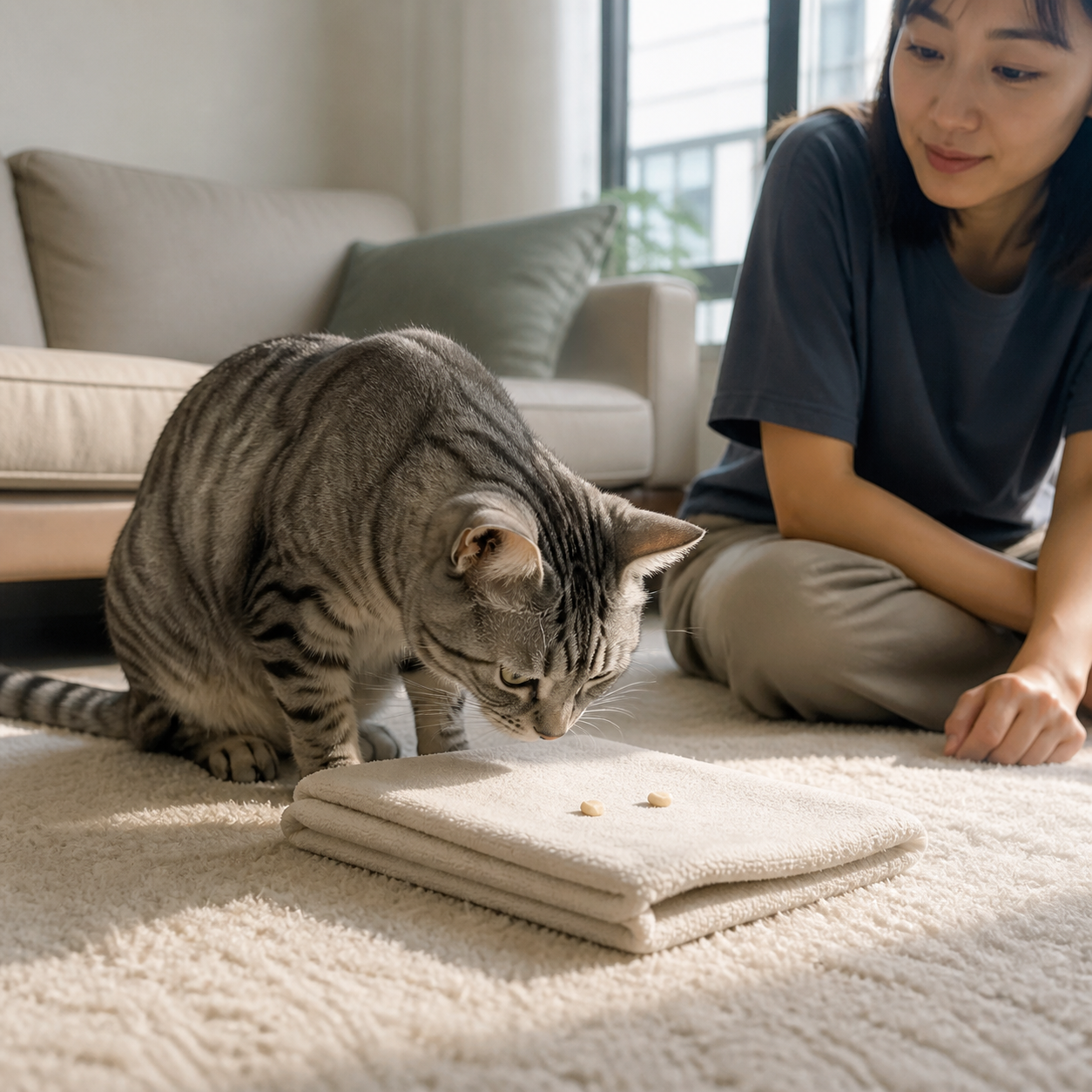 貓咪正常進食後,在飼主陪伴下進行少量零食嗅聞互動