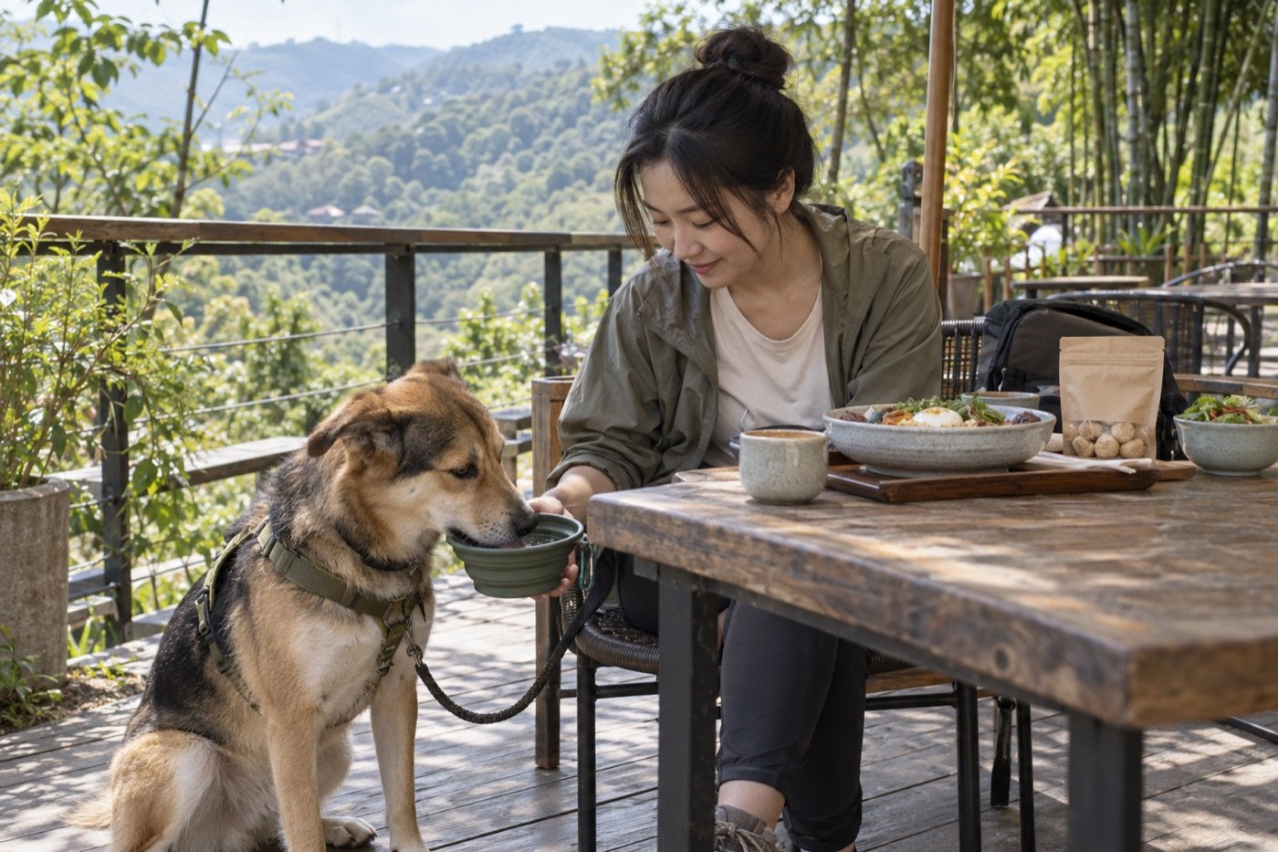 亞洲飼主與狗狗在山邊戶外座位喝水休息