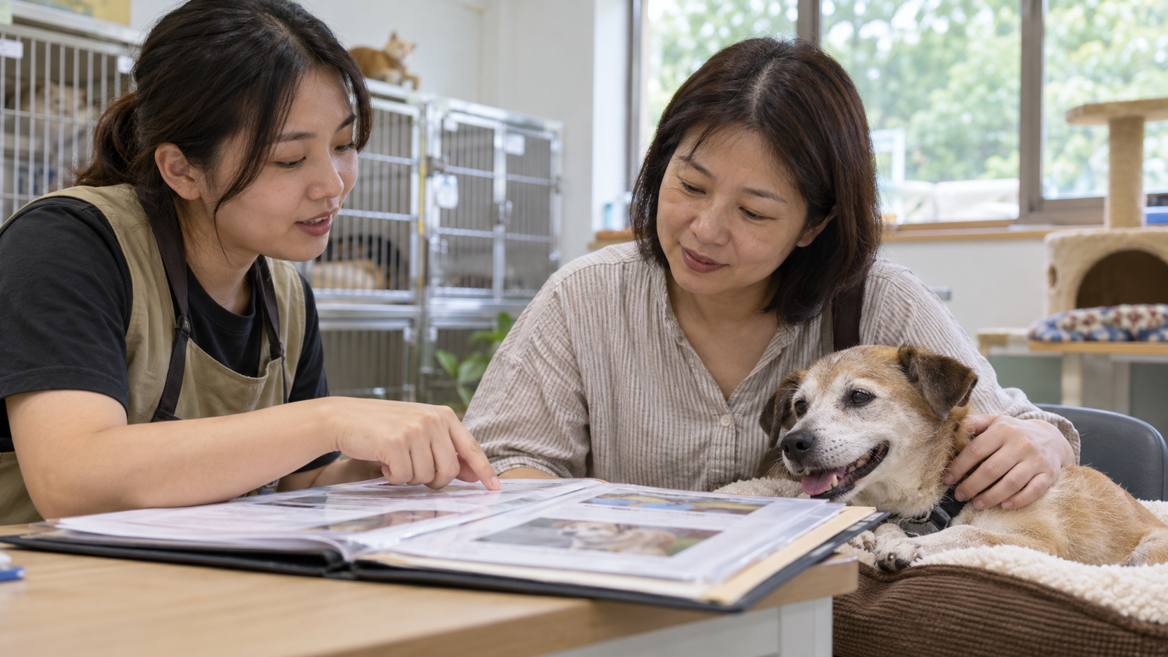 台灣飼主與送養人一起查看熟齡犬領養資料