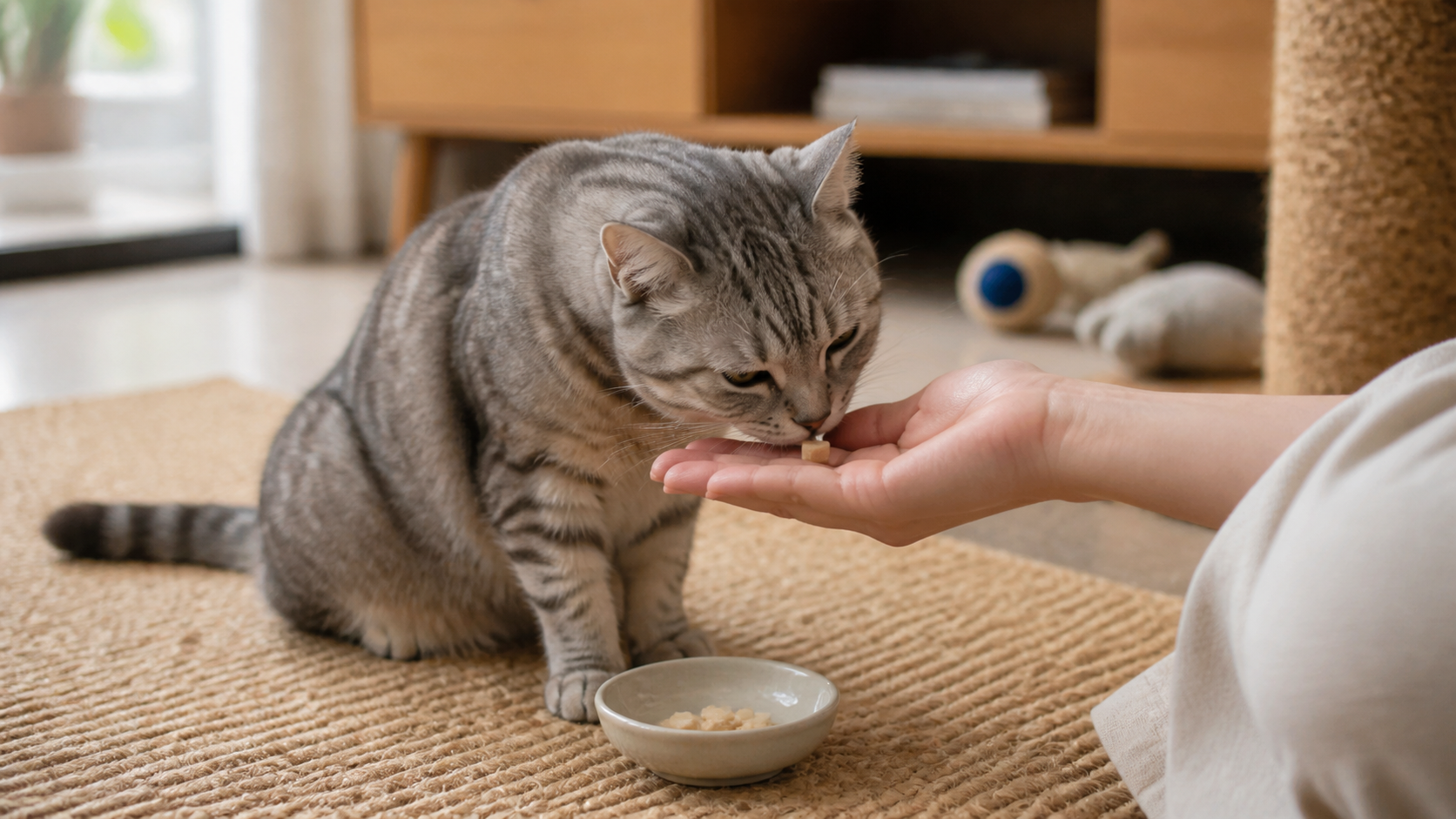 飼主以小塊凍乾和貓咪進行日常正向互動獎勵