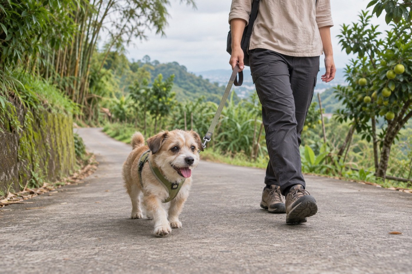 亞洲飼主牽著短腿狗走在平緩的山區道路