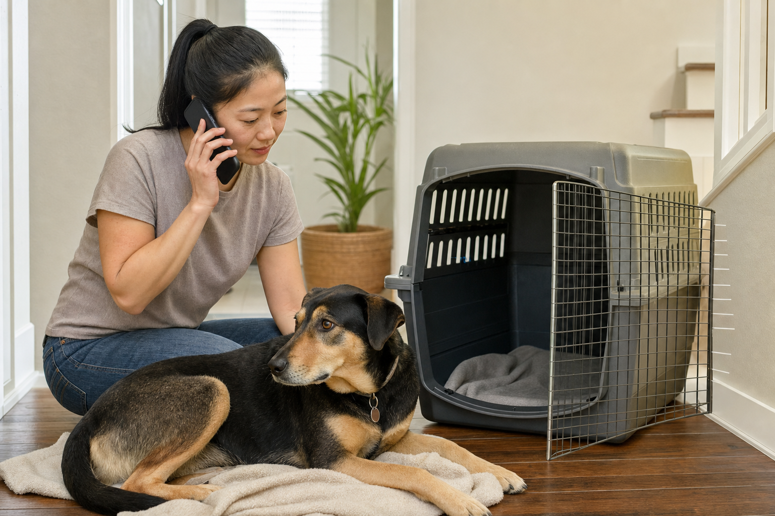 狗狗出現嘔吐警訊時,飼主在大型外出籠旁聯絡獸醫院
